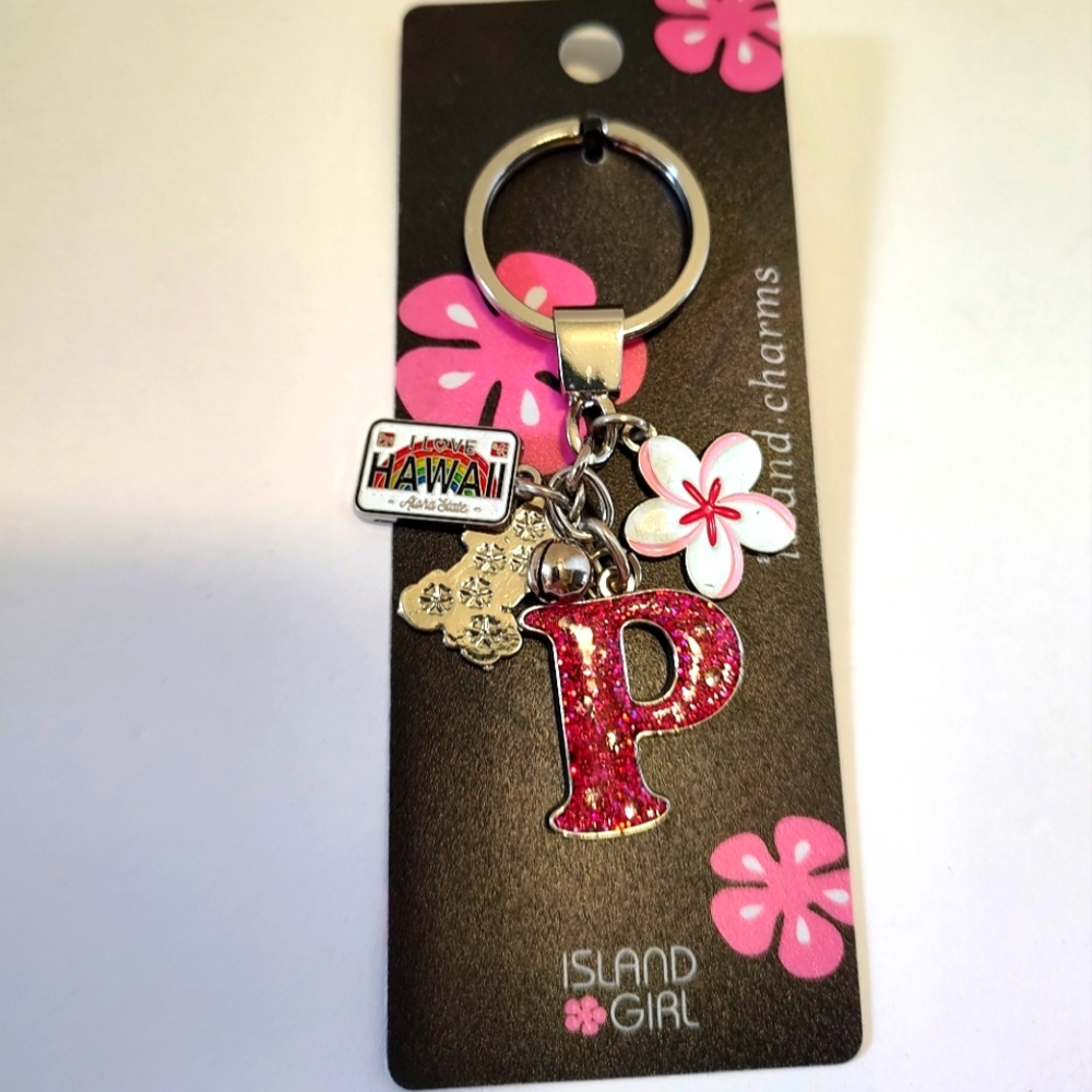 Initial Letter P Keychain/Ring Charm Hawaii aloha  pink Island Girl (jewel)
